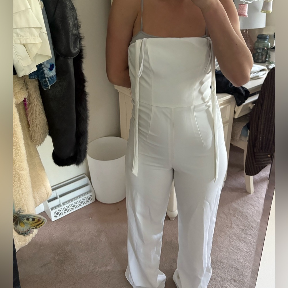 Theia White Strapless Tie-Detail Jumpsuit